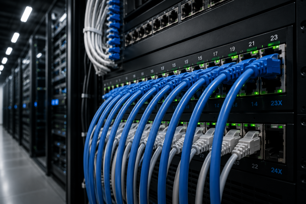 CAT7-Datenleitungen in einem Netzwerkschrank für Industrie und Gewerbe